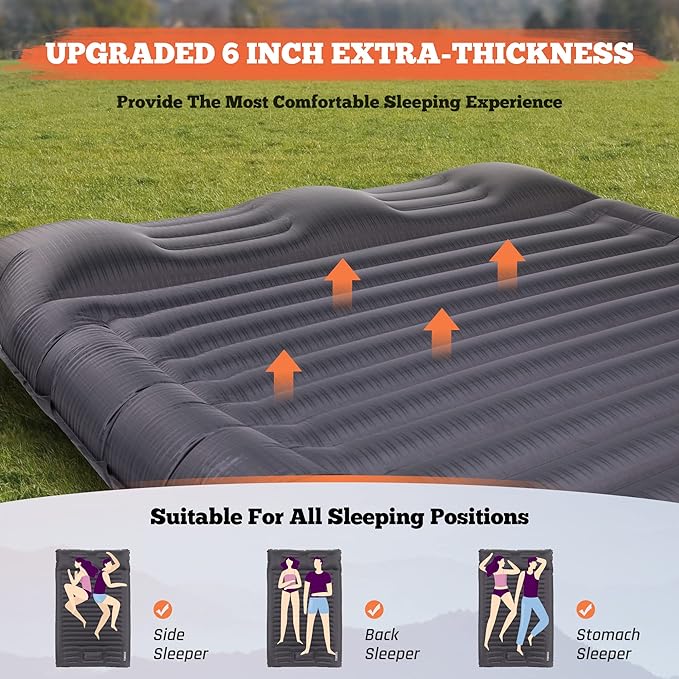 TOBTOS Double Sleeping Pad for Camping, Extra Thick 6" Camping Mattress 2 Person with Pillow Built-in Foot Pump, Inflatable Sleeping Mat for Camp, Backpacking, Hiking, Traveling