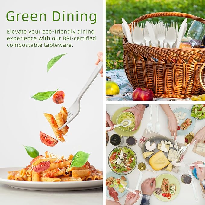 Ivory White No Plastic Silverware, Disposable Compostable Utensils 100 Forks 100 Spoons 100 Knives Disposable Cutlery, Eco Friendly Compostable Utensils, Disposable Forks Spoons Knives Set