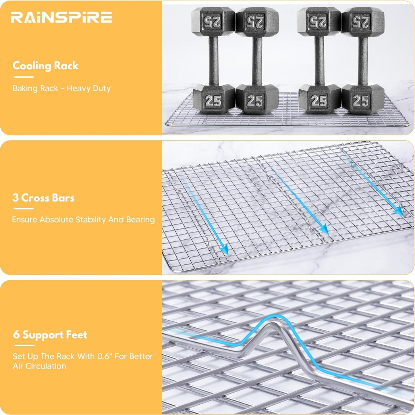 Rainspire Cooling Rack Stainless Steel, Heavy Duty Cooling Racks for Cooking and Baking, Oven Safe Wire Rack for Cooking, Baking Rack for Oven Cooking Fits Half Sheet Cookie Pan, 12" x 17", 1-Pack