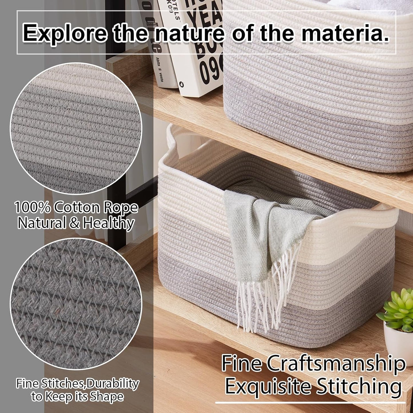 OIAHOMY Storage Basket, Woven Baskets for Storage, Cotton Rope Basket for toys,Towel Baskets for Bathroom - Pack of 3, Gradient Gray