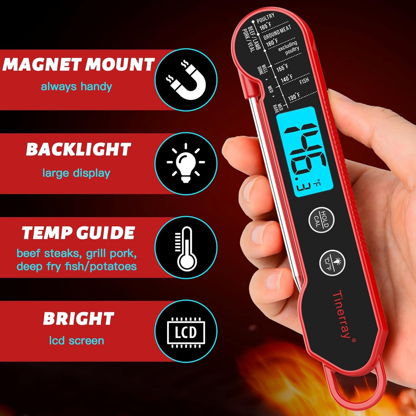 Digital Meat Thermometer for Cooking – Waterproof Instant Read Food Thermometer with Backlight & Calibration, Fast Read, Folding Probe for BBQ, Grill, Candy, Deep Fry, Kitchen, Liquids, Beef（Red）