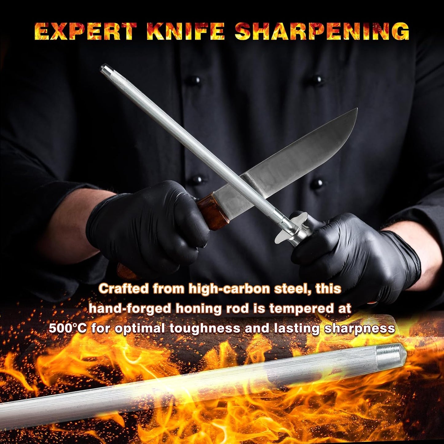 Knife Sharpener Rod, Kitchen Knives Sharpener Carbon Steel Professional Knife Sharpening Steel, Honing Rod with Hanging Holes (13 inches), C