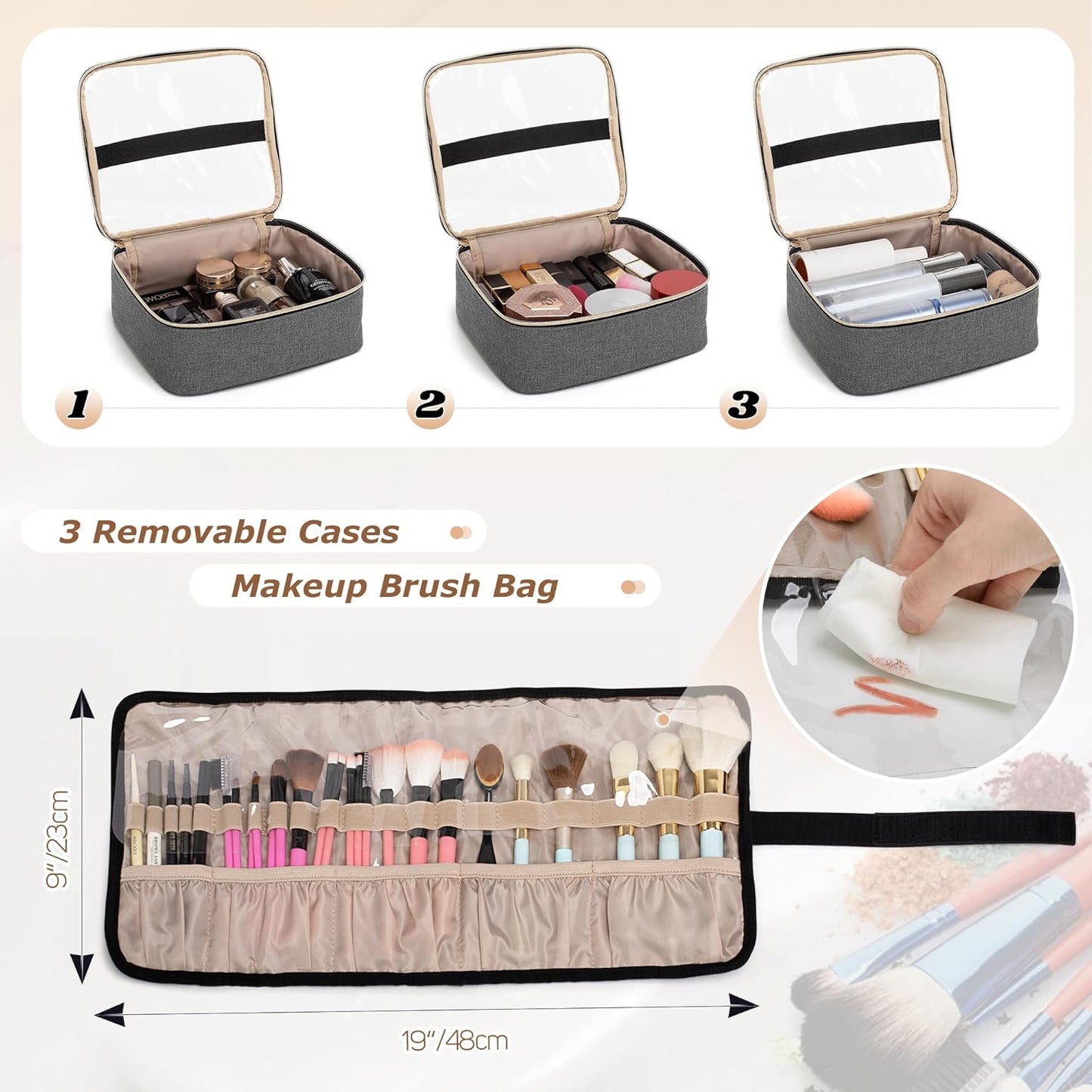 LUXJA Rolling Makeup Case with 3 Removable Pouches and 1 Makeup Brush Bag, Large Makeup Bag Cosmetic Bag with Detachable Dolly (Patented), Gray