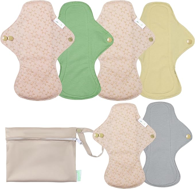wegreeco 6 Pcs Reusable Menstrual Pads, Ultra Absorbent Cloth Pads for Heavy Flow, Sanitary for Teens, Women, Nonslip, Inner Mustard Yellow, Grey, Beige, Rose Gold Outer, M