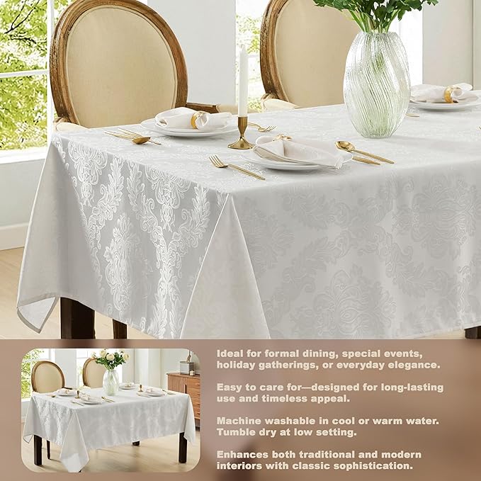 Newbridge Barcelona Luxury Damask Fabric Tablecloth, 70” Extra Wide x 90” Rectangle, White, 100% Polyester, No Iron, Soil Resistant Dining Room, Party and Banquet Table Cover