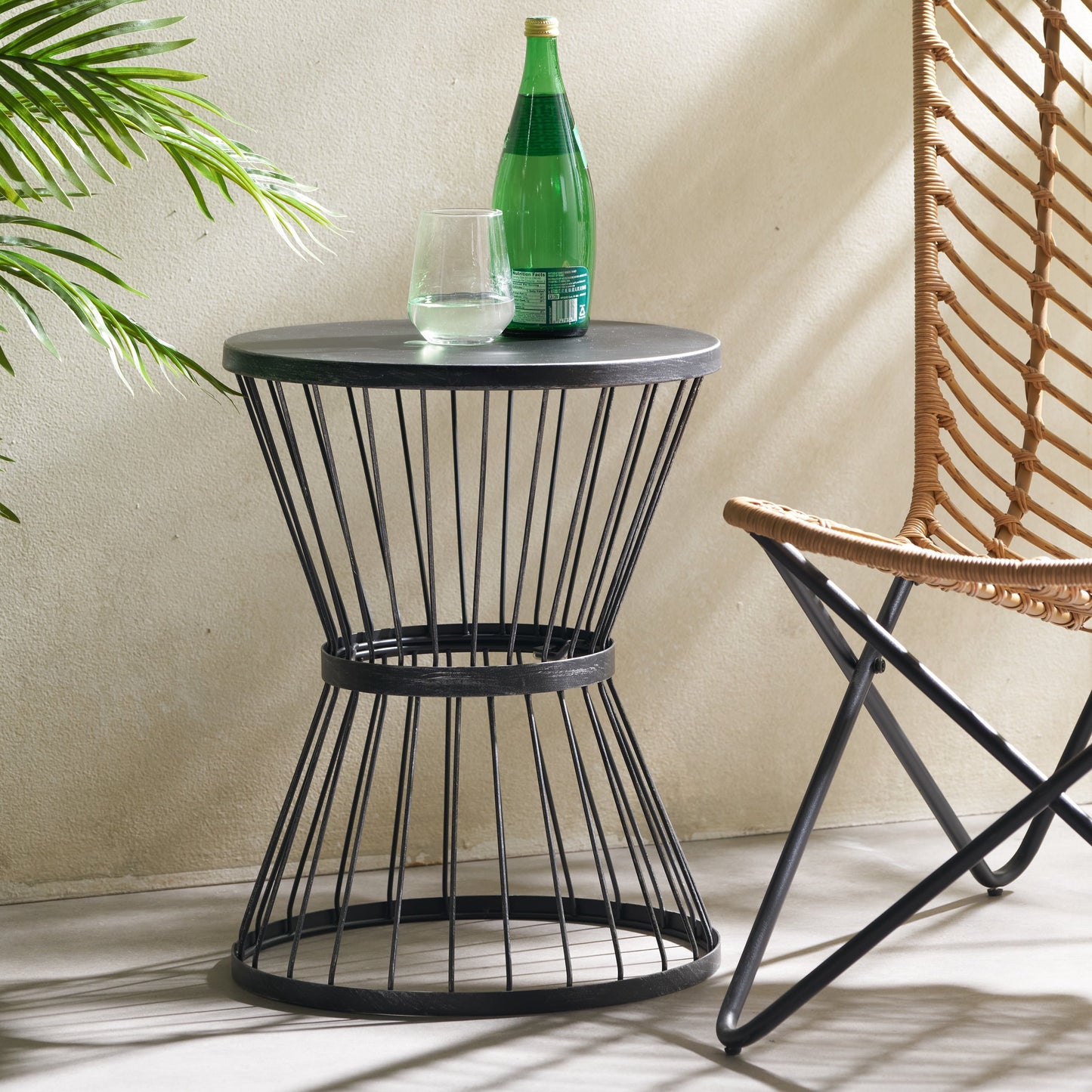 Christopher Knight Home Outdoor Metal Side Table Modern Round Waterproof Patio Accent Table w/Hourglass Frame Open-Cage Design for Garden Balcony Backyard (Matte Black)