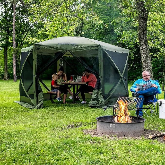 CLAM Quick-Set Escape 11.5 x 11.5 Ft Portable Pop-Up Outdoor Camping Screen Tent 6-Sided Canopy Shelter w/Carry Bag & 6 Sun and Wind Panels, Green