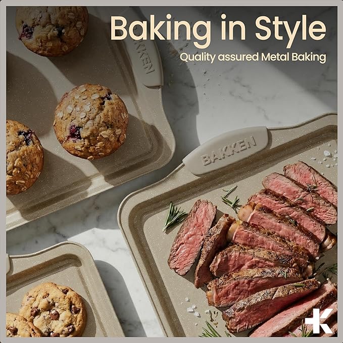 BAKKEN Kitchen Oven Baking Pans - Nonstick Gray Coating, Carbon Steel Bakeware Set with White Silicone Handles, Commercial Restaurant Quality Pans, PFOA, PFOS, PTFE Free, Oven Safe (450° F), Set of 10