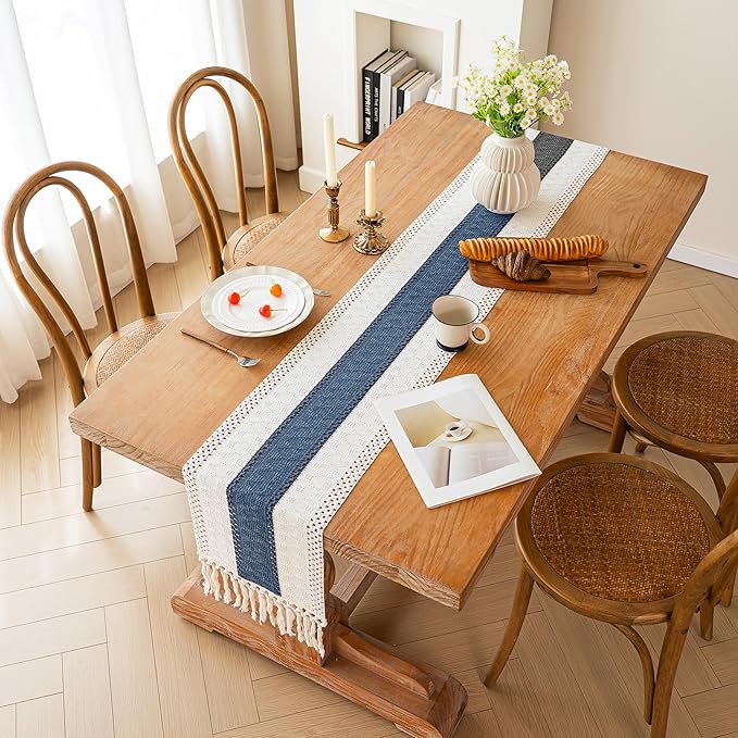 FEXIA Boho Table Runner for Home Decor with Tassels 60 Inches Long,Blue Farmhouse Rustic Table Runner Macrame Burlap Table Decoration for Living Room Bridal Shower(12x60 Inches)