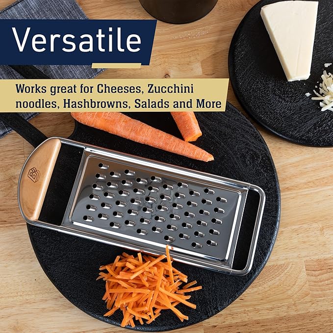 Cheese Grater Handheld - Stainless Steel Flat Food Grater with Cherrywood Handle - Coarse Shredder Kitchen for Medium-Hard Cheese and Vegetables - Italian Made Kitchen Gadgets by Kings County Tools