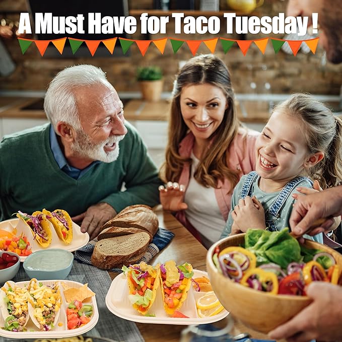 Small Disposable Taco Plates With Dipping Sides - 100 Pack, Biodegradable Cornstarch Taco Holder, Mini Size Fit 4-6 Inch Street Tortilla Shells, Sturdy & Microwave Safe, Bar Serving Set For A Party