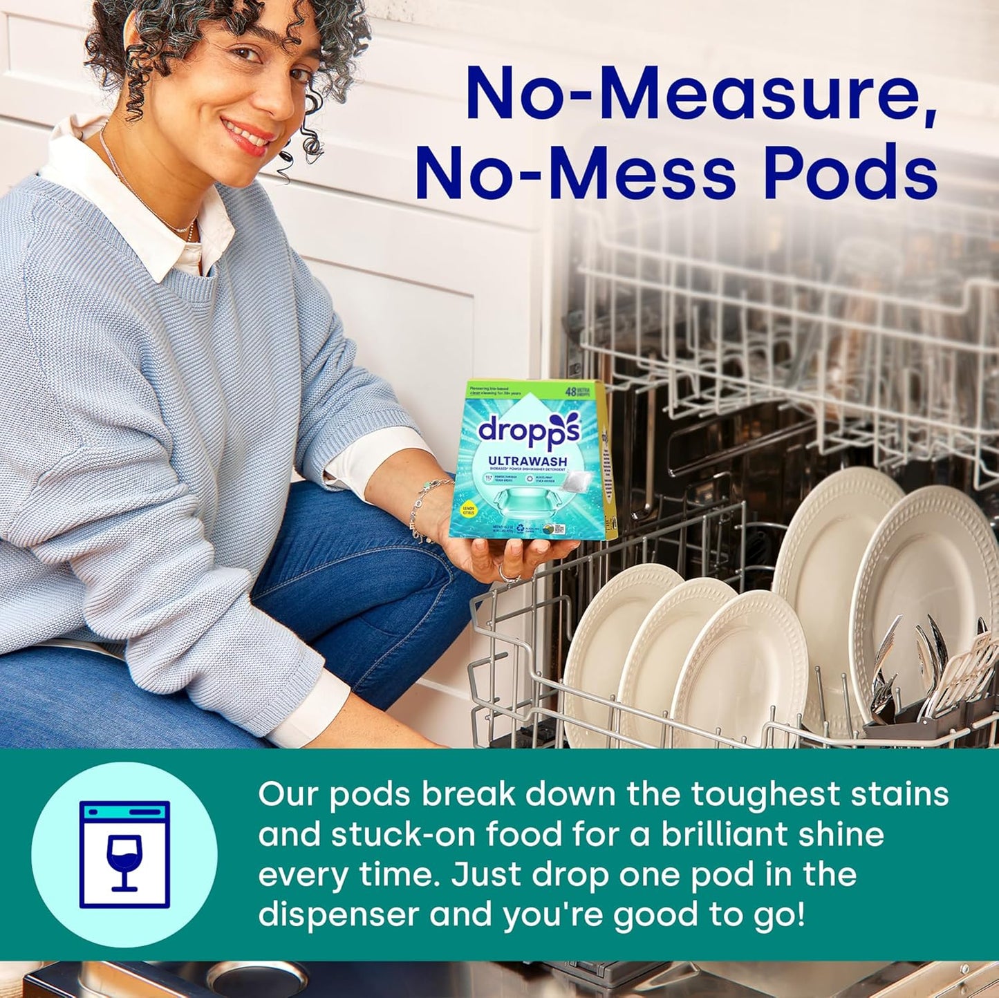 Dropps UltraWash Dishwasher Pods, Unscented (32 Count) - Biobased Power Deep Clean Dishwasher Detergent Tablets for Sparkling Shiny Dishes - No Rinse Aid or Pre-Wash Needed - Dishwashing Pods