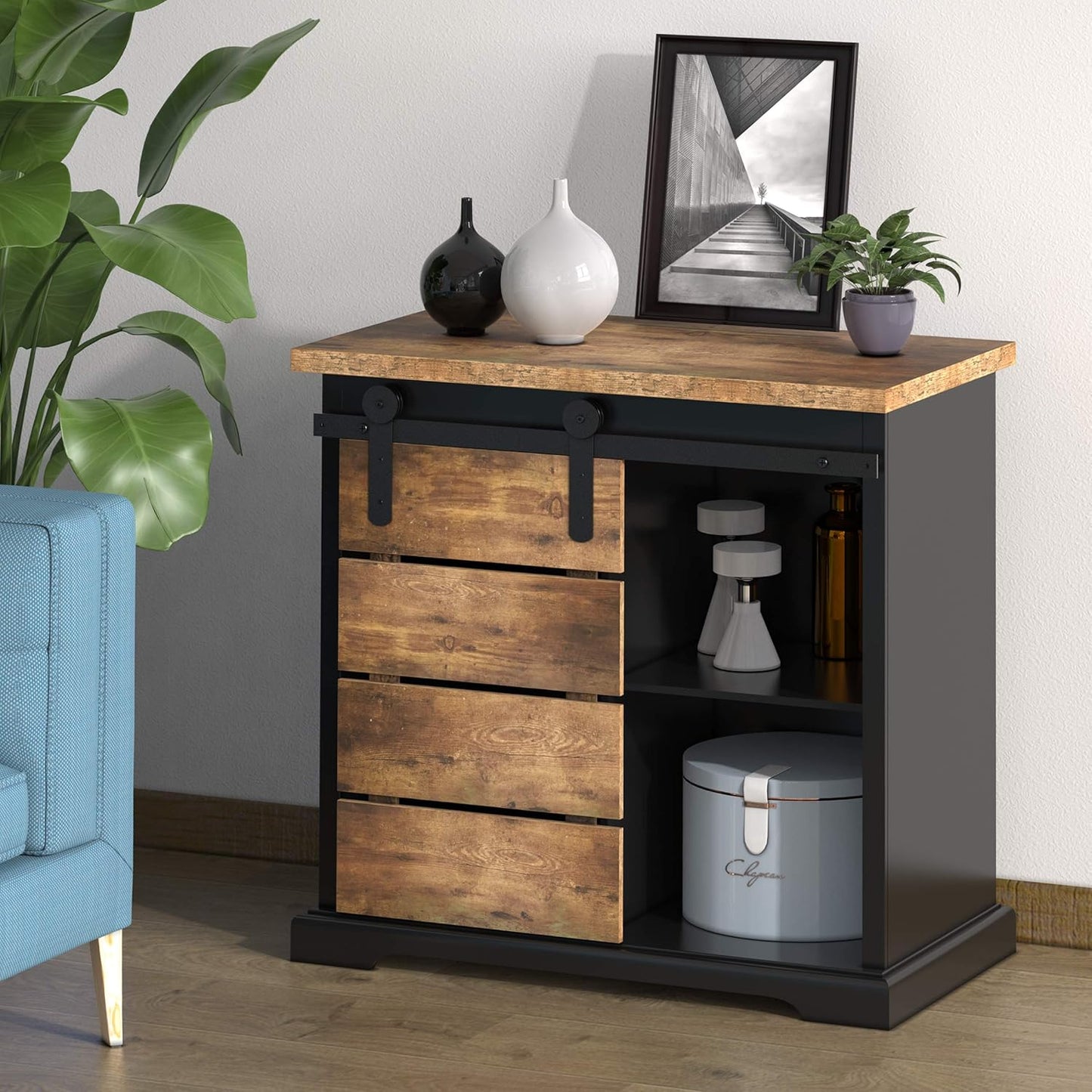NSdirect Sideboard Coffee Bar Cabinet,Modern Farmhouse Buffet Station Sliding Barn Door Storage Credenza Console with Slat and Shelf Entryway Storage Cabinet Kitchen Dining Living Room, Black