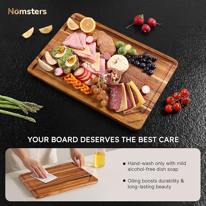 17'' Teak Wood Cutting Board for Kitchen Non Slip Charcuterie Board Serving Heavy Duty Non Toxic Wooden Chopping Board Thick Haus Edge Grain Wood, Knife Friendly Housewarming Gifts - FSC Certified