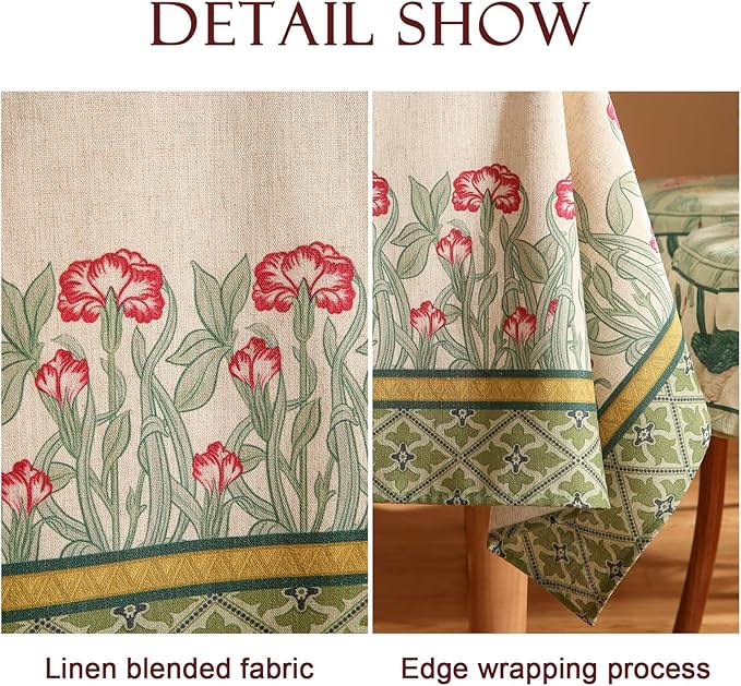 patdrea Designer Vintage Linen Long Rectangle Table Cloth,Floral Leaves Pattern Anti-Wrinkle Green Tablecloth,Decor Table Cover for Kitchen Dining Christmas,Party,Thanksgiving,55"x79"-Cecilia D