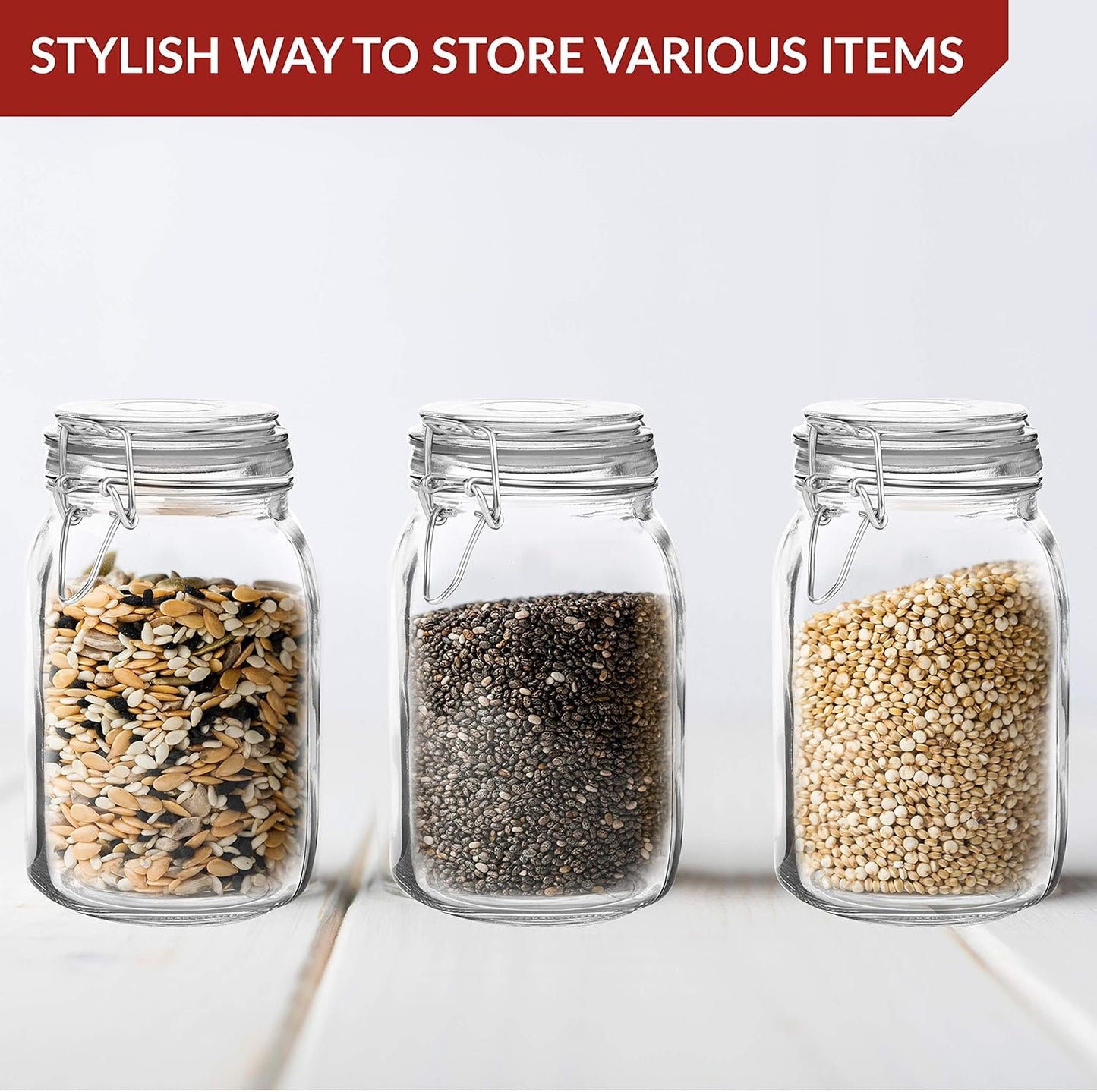 Set of 3 Mason Jars with Lid (1 Liter) | Airtight Glass Storage Containers for Food, Flour, Pasta, Coffee, Candy, Dog Treats, Snacks & More | Glass Organization Canisters | 34 Ounces