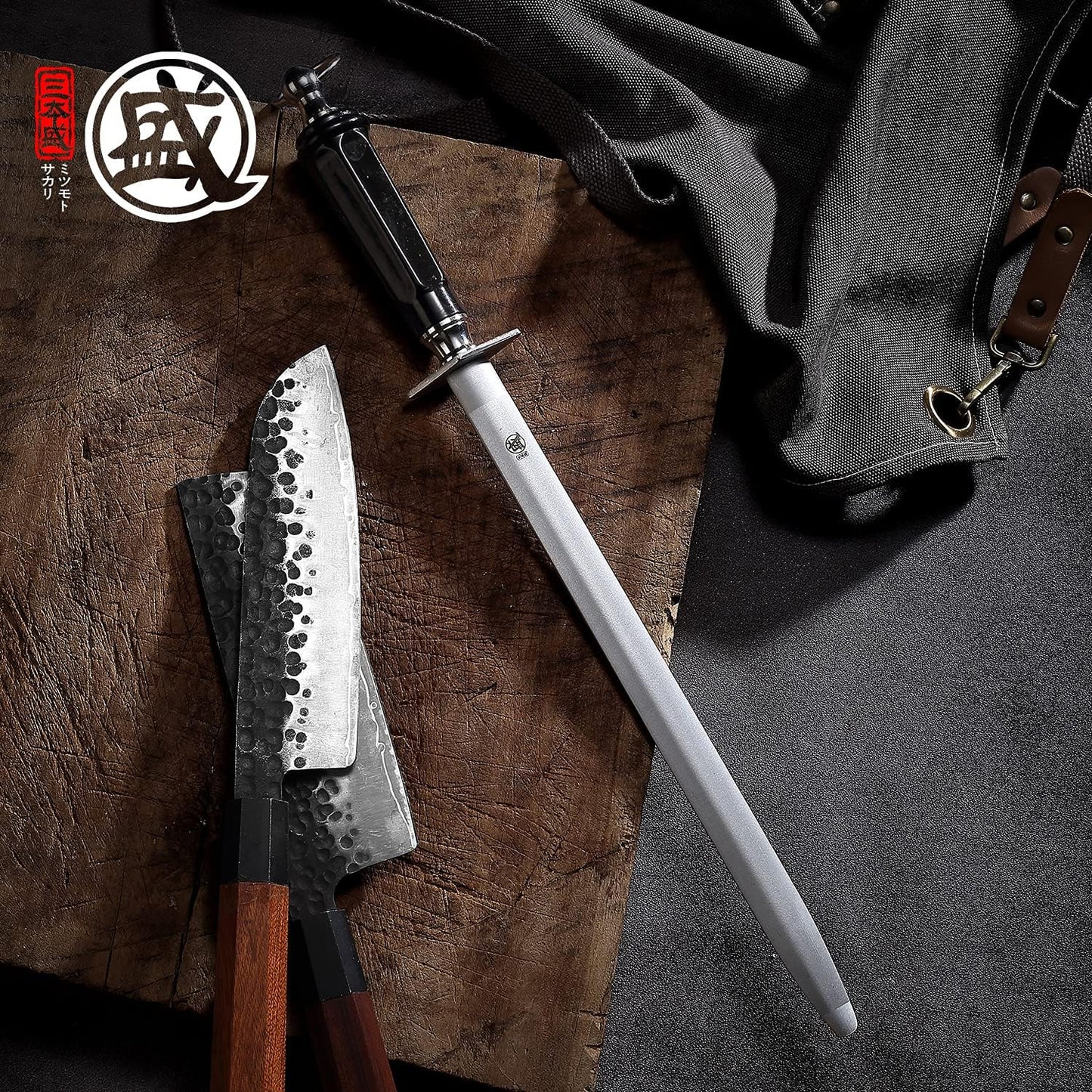 MITSUMOTO SAKARI 10 inch Japanese Honing Steel - Flat Diamond Knife Sharpening Rod, Professional High Carbon Sharpener with ABS Handle & Powerful Magnet