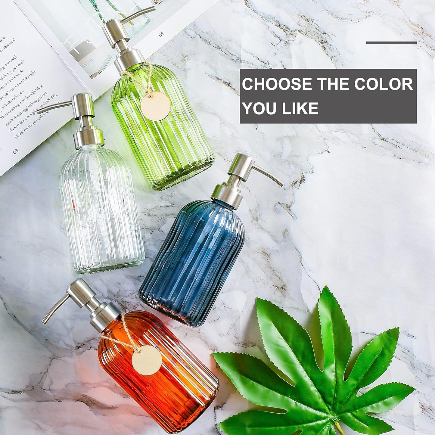 16 OZ Soap Dispenser，Tempered Glass Clear Vertical Stripe with 304 Rust Proof Stainless Steel Pump Refillable Liquid Hand Soap Dispenser，for Bathroom, Kitchen, Dish Soap，Lotion (Clear)