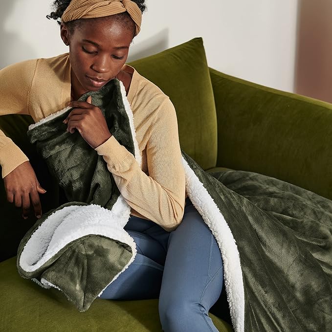 Bedsure Sherpa Fleece Throw Blanket Twin Size for Couch - Thick and Warm, Soft Fuzzy Plush Twin Blanket for Winter, Olive Green, 60x80 Inches