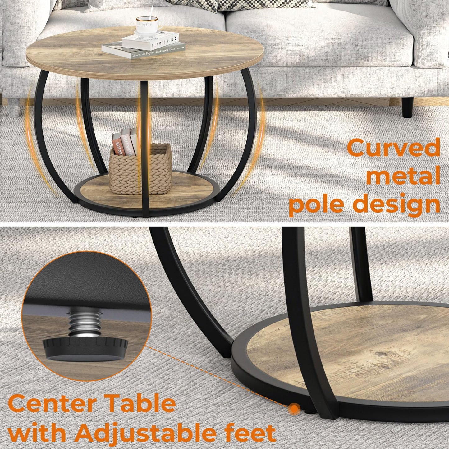 GreenForest Coffee Table Round for Living Room, 27.6 inch 2 Tier Small Tea Tables with Storage, Farmhouse Center Table with Adjustable Feet, Grey Wash