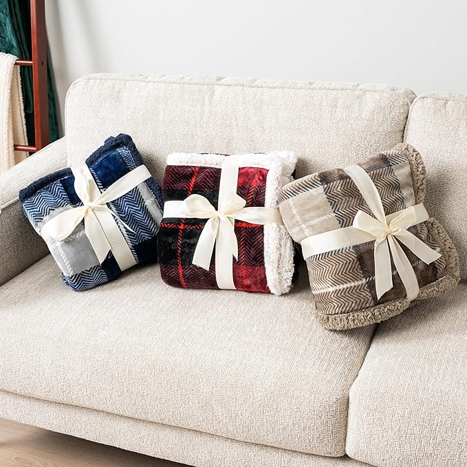 PAVILIA Red Plaid Sherpa Throw Blanket for Couch, Plush Flannel Fleece, Soft Fuzzy Cabin for Sofa Bed, Warm Cozy Winter Gift, 50x60