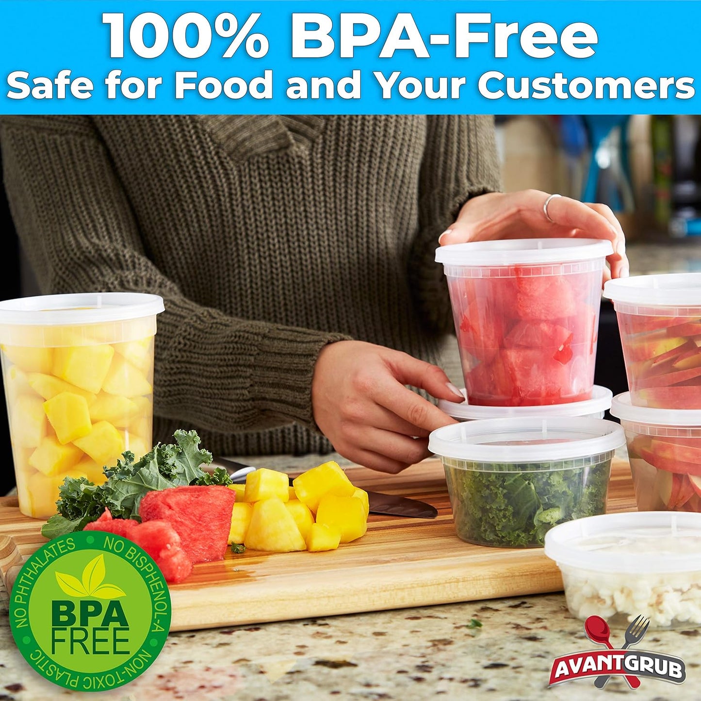 Avant Grub Food Storage Containers, BPA-Free Plastic, Deli Grade with Leakproof Lids, 12ct. Durable 32 Oz Microwave and Freezer Safe Containers for Takeout, Meal Prep, Storage, Keeps Food Fresh Longer