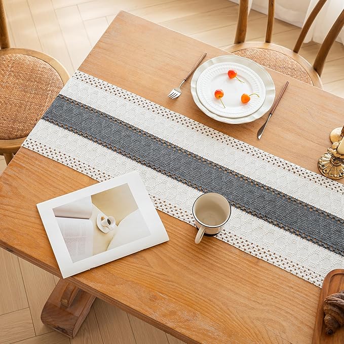 FEXIA Boho Table Runner for Home Decor with Tassels 108 Inches Long,Grey Farmhouse Rustic Table Runner Macrame Burlap Table Decoration for Living Room Bridal Shower(12x108 Inches)