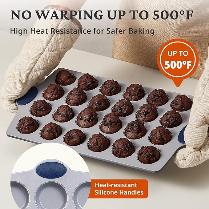 BRONYPRO Ceramic Mini Muffin Pan, 24-Cup Nonstick Aluminized Steel Mini Cupcake Pans, Healthy Non-Toxic Ceramic Coating Muffin Tin, 2 Pack Cup Cake Pans for Baking Blue