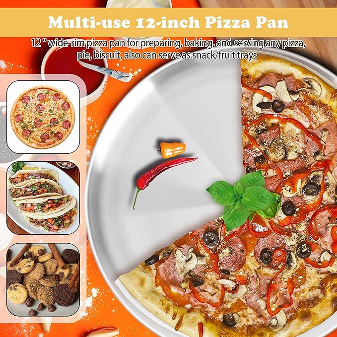 AWTBDP 12 Inch Pizza Pan Set of 3 for Oven, Non-Stick Stainless Steel Pizza Steel, Sturdy Non-Toxic Round Pizza Pans Tray for Cookie Pizza Pie Cake, Dishwasher Safe & Easy Clean