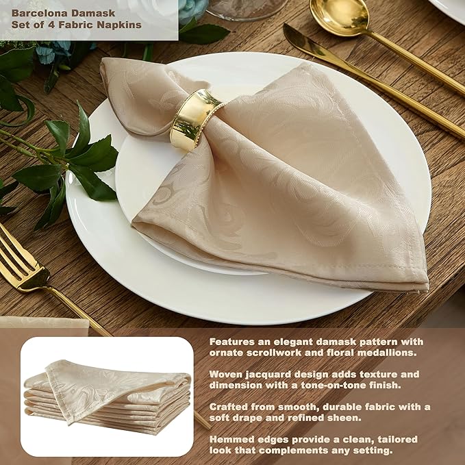 Newbridge Barcelona Luxury Damask Fabric Tablecloth, 52” Wide x 52” Square, Golden Beige, 100% Polyester, No Iron, Soil Resistant Dining Room, Party and Banquet Table Cover