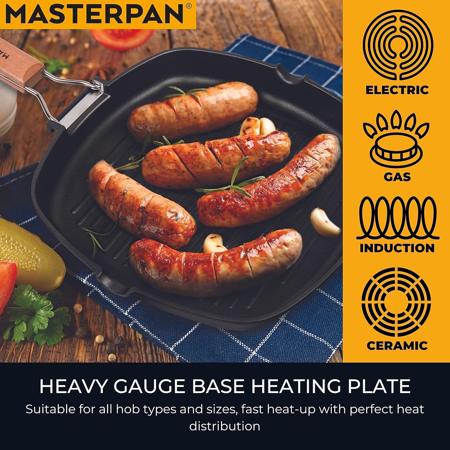 Non-Stick Grill Pan with Folding Wooden Handle, 8", Black and Brown