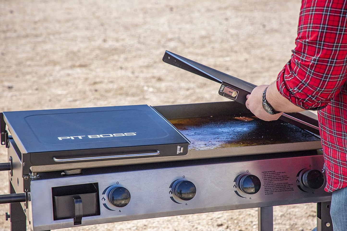 Pit Boss PB757GD Four Burner LP Fold Over Side Shelves 36" Gas Flat Top Griddle with Fitted Cover, 4 Deluxe, BLACK
