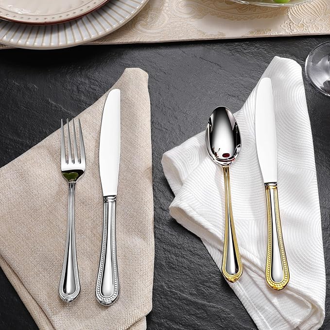 KEAWELL Pearl Edge 4-Piece Premium Spoon Set, 18/10 Stainless Steel, Fine Silverware Spoons with Refined Bead Design, Brightly Polished, Dishwasher Safe (Gold Accent, 9" Serving Spoons)