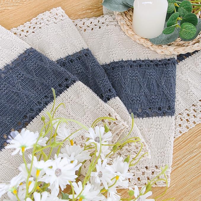 FEXIA Boho Table Decor 48 Inch Cream & Blue Macrame Runner with Tassels for Boho Dining & Bedroom Decor Rustic Bridal Shower (12x48 Inches)