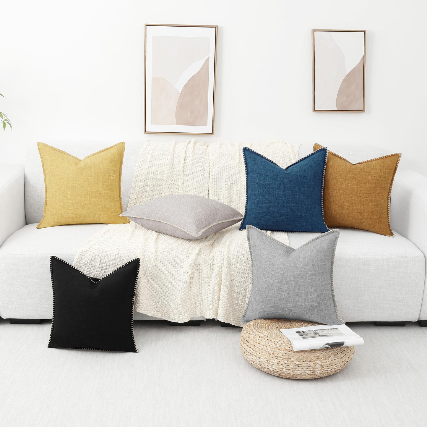 decorUhome Decorative Outdoor Throw Pillow Covers 12x20 Set of 2, Lumbar Linen Rustic Neutral Farmhouse Pillow Covers with Stitched Edge for Couch, Sofa, Living Room, Mustard Yellow