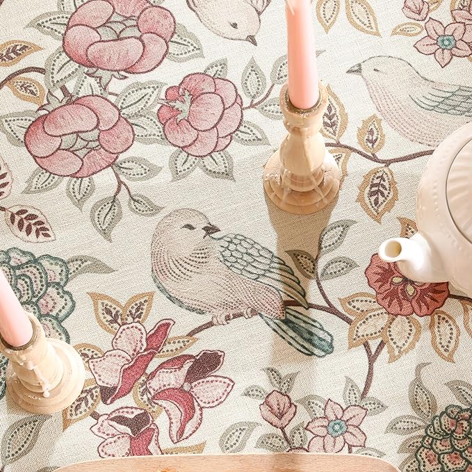 patdrea Designer Pink Linen Table Cloth for Rectangle Table,Vintage Floral with Birds Pattern Decorative Tablcloth,French Table Cover for Kitchen Dining,Thanksgiving,Christmas,55"x71"-Kulom a