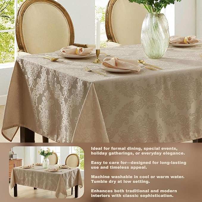 Newbridge Barcelona Luxury Damask Fabric Tablecloth, 52” Wide x 52” Square, Golden Beige, 100% Polyester, No Iron, Soil Resistant Dining Room, Party and Banquet Table Cover