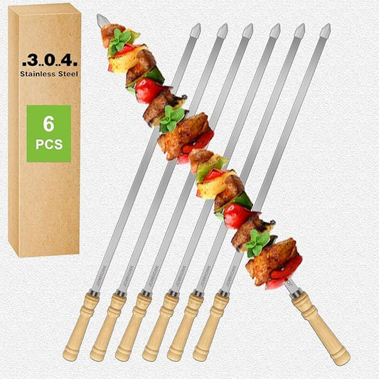 21.5" Long 304 Stainless Steel Skewers for Grilling with Wood Handle,Wide Flat Metal Skewers for Kabobs,Kabob Skewer,BBQ Barbecue Skewer Reusable for Outdoor Grill（6 PCS）