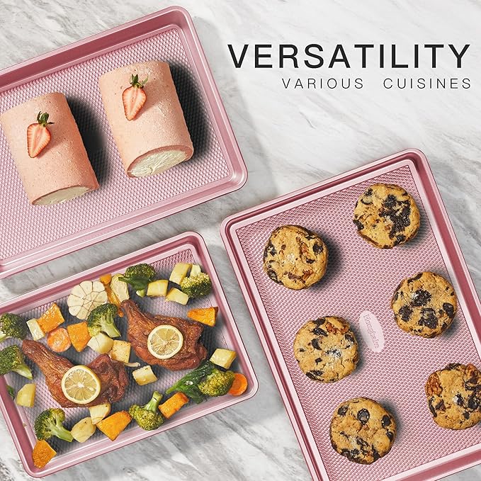 HONGBAKE Baking Sheet Pan Set, Cookie Sheets for Oven, Nonstick Half/Quarter/Jelly Roll Pans with Diamond Texture Pattern, Heavy Duty Cookie Tray, Pink