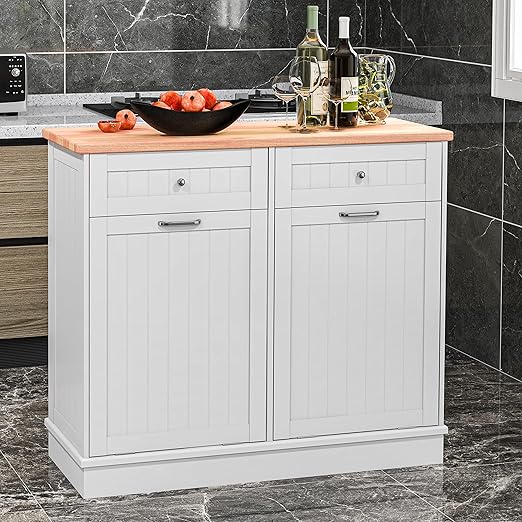 TOLEAD Double Tilt Out Trash Cabinet Free Standing 10 Gallon Recycling Trash Can Cabinet for Farmhouse Kitchen,Living Room, Dining Room, White