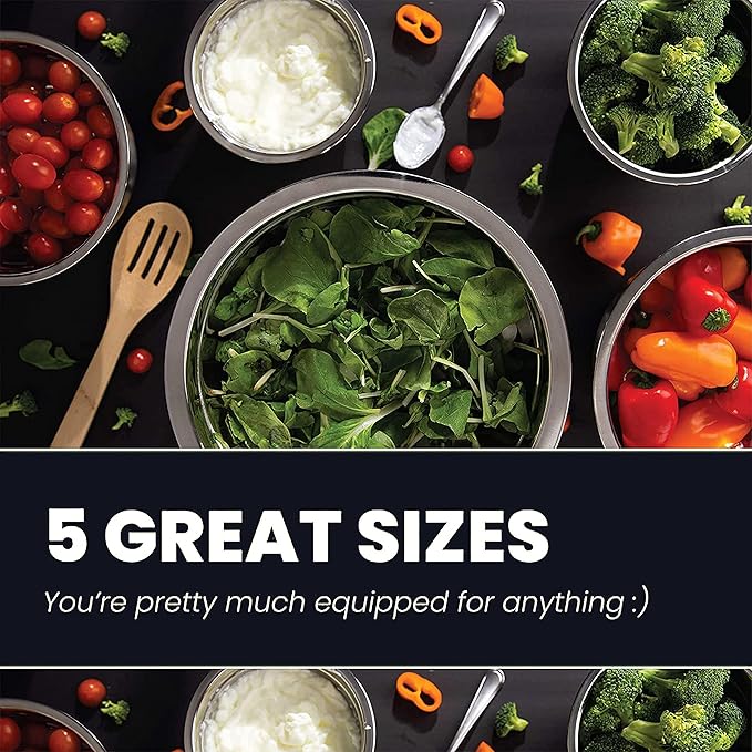 WHYSKO Stainless Steel Mixing Bowl Set, 10 Piece Stainless Steel Mixing Bowls with Lids Set for Food Prep Storage and Serving, Dishwasher Safe for Kitchen Baking Cooking, Grey