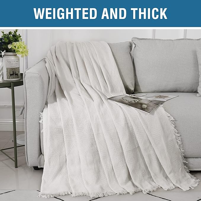 H.VERSAILTEX Cotton Sofa Covers Couch Cover Sofa Slipcover for Most Shape Sofas, Feature Thick Woven Jacquard Seamless with Tassels, Multi-Use Decorative for Couch (Medium: 71" x 91", White)