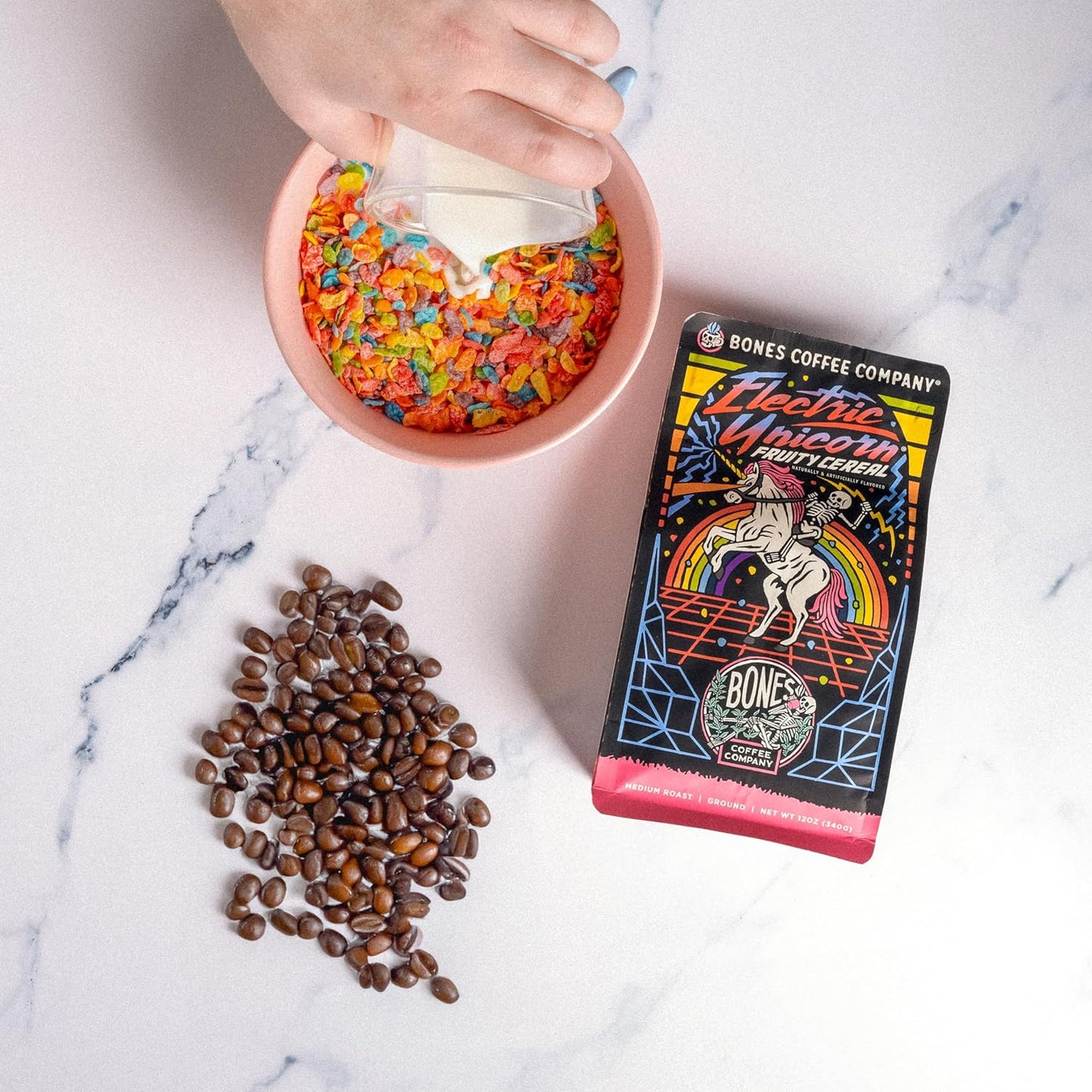 Bones Coffee Company Electric Unicorn, Fruity Cereal With Milk Flavored Coffee, Medium Roast Low Acid Arabica Beans Compatible with Auto drip and French Press Coffee Maker, 12 Oz Whole Bean