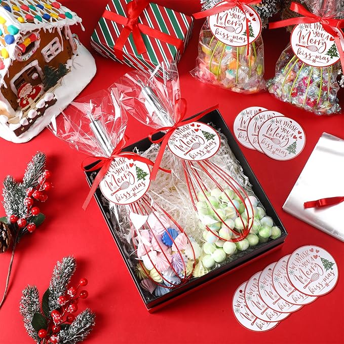 16 Sets 12 Inch Christmas Whisks Gifts DIY Fillable Christmas Tree Ornaments Xmas Colored Silicone Whisks for Cooking Heat Resistant Egg Beaters with Card Rope Bag for Candy Holder