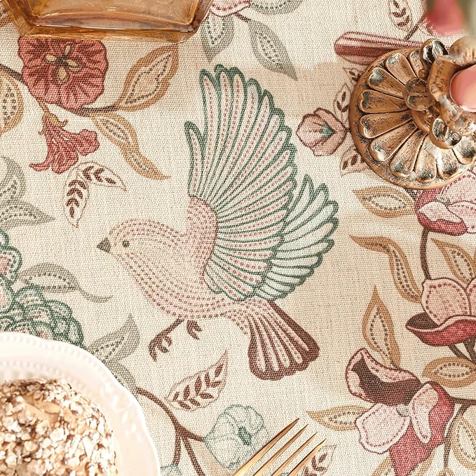 patdrea Designer Vintage Round Tablecloth,Pink Linen Table Cloth with Birds Pattern,Colorful Decoration French Table Cover for Kitchen Dining,Thanksgiving,Party,Christmas,Diameter 55"-Kulom a