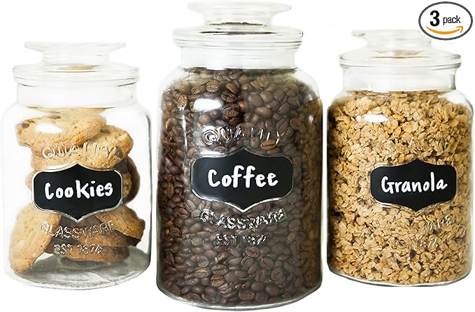 Kitchen Round Clear Glass Airtight Lids Chalkboard Canister Jar (Set of 3) with 3 Stick on Labels and Chalk Small