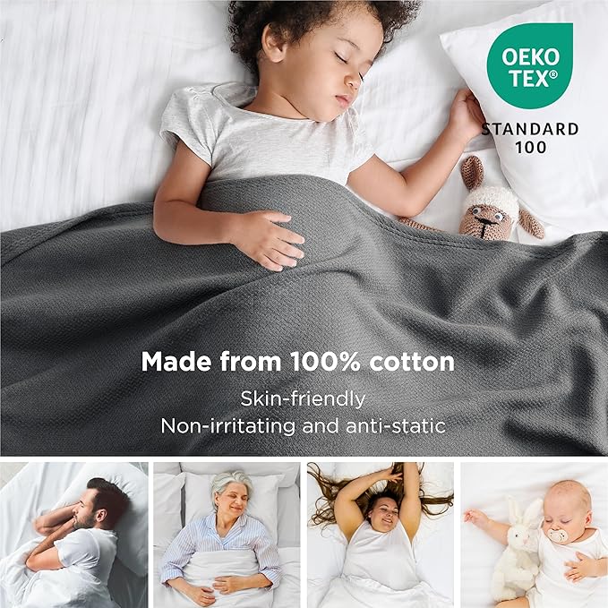 Bedsure 100% Cotton Blanket Twin XL Size for Bed - Breathable and Lightweight, Soft Cozy Textured Herringbone Woven Blanket for Summer Spring, Dark Grey, 66x90 inches