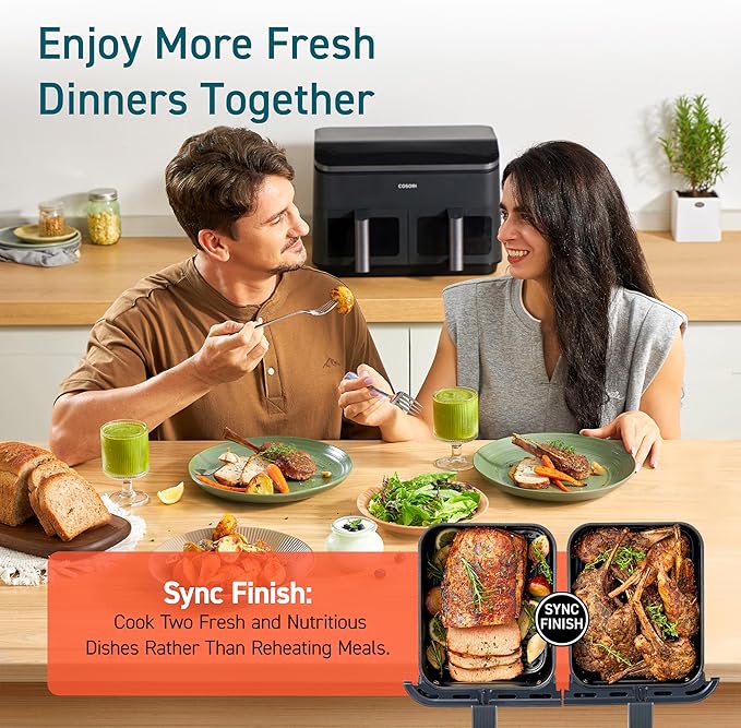 COSORI Dual Air Fryer 9Qt – 10-in-1, Fresh Balanced Meals for Family and Children with Double Baskets, Sync Cook & Finish to Bake, Roast, Reheat, Broil & 130 Recipes for Easy Cooking, Dishwasher Safe