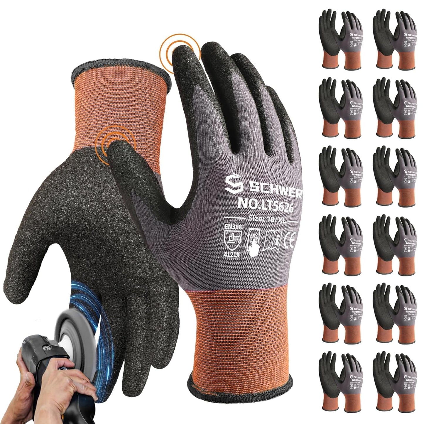 Schwer 12 Pairs Safety Work Gloves with Sandy Nitrile Coating LT5626, Max Abrasion Resistance Heavy Duty Gloves with Grip for Men Women, Ideal for General Use, Mechanic, Construction, Gardening, XL