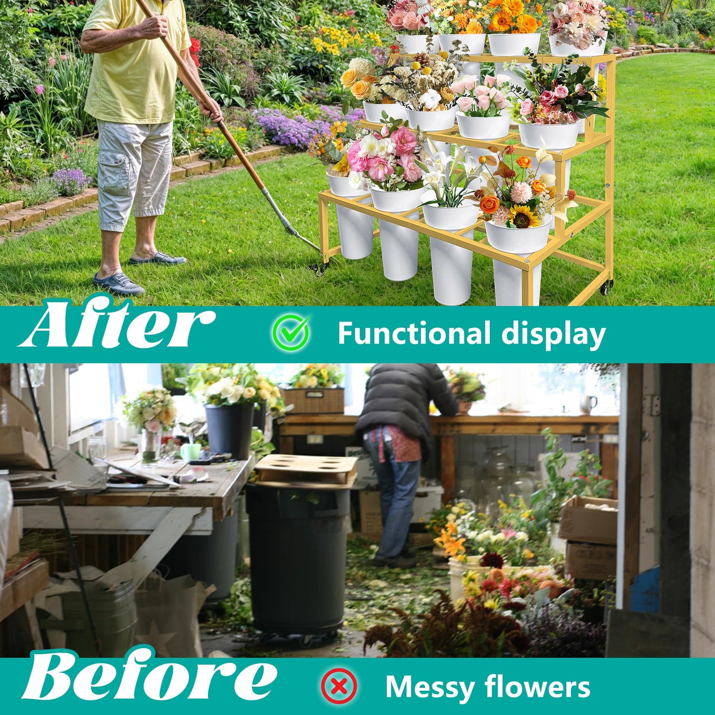 PROLEE Flower Stand with 12 Buckets, Flower Display Stand with Wheels, Flower Cart, Moving Florist Bouquet Shelf, Rectangular, Gold